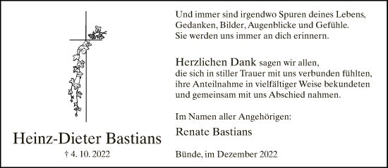 Traueranzeige von Heinz-Dieter Bastians von Neue Westfälische