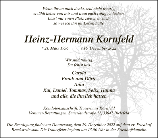 Traueranzeige von Heinz-Hermann Kornfeld von Neue Westfälische