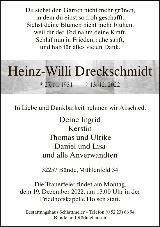 Traueranzeige von Heinz-Willi Dreckschmidt von Neue Westfälische