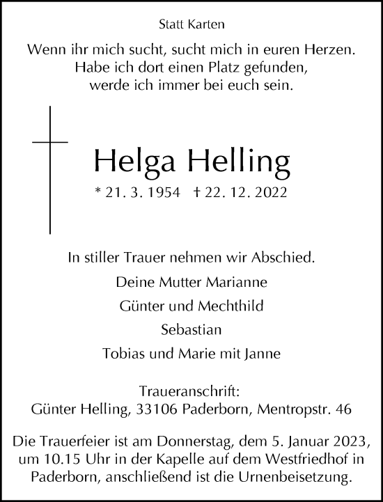 Traueranzeige von Helga Helling von Neue Westfälische