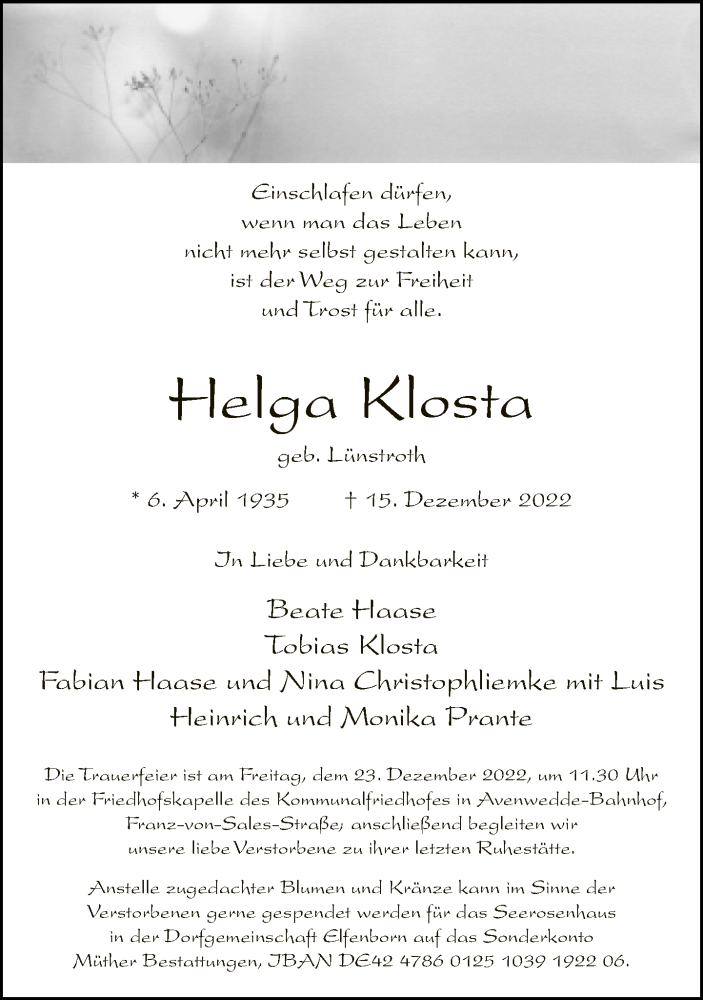  Traueranzeige für Helga Klosta vom 20.12.2022 aus Neue Westfälische