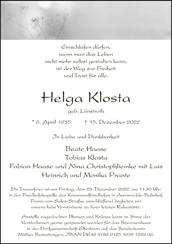 Traueranzeige von Helga Klosta von Neue Westfälische