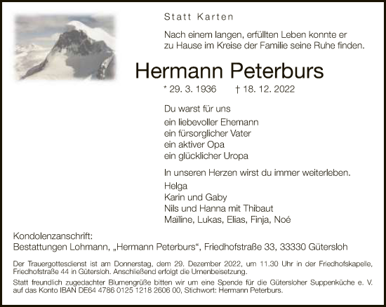 Traueranzeige von Hermann Peterburs von Neue Westfälische