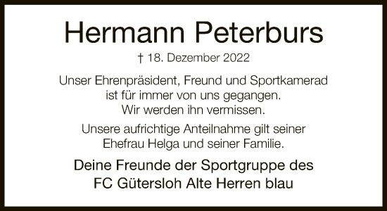 Traueranzeige von Hermann Peterburs von Neue Westfälische