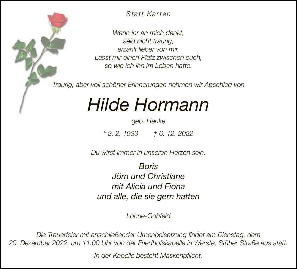  Traueranzeige für Hilde Hormann vom 17.12.2022 aus Neue Westfälische