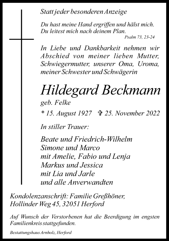 Traueranzeige von Hildegard Beckmann von Neue Westfälische