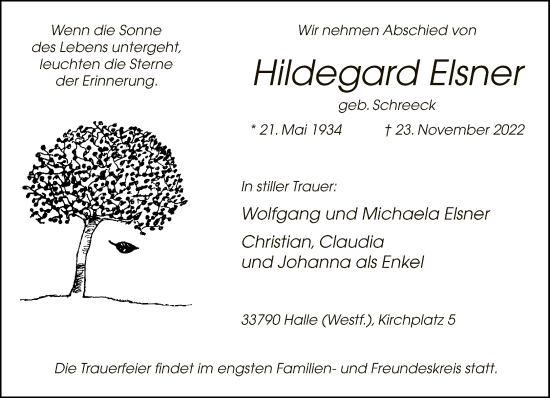 Traueranzeige von Hildegard Elsner von Neue Westfälische