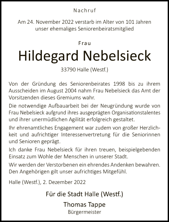 Traueranzeige von Hildegard Nebelsiek von Neue Westfälische