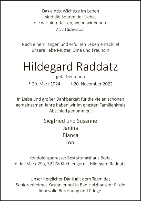Traueranzeige von Hildegard Raddatz von Neue Westfälische