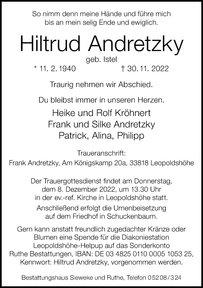  Traueranzeige für Hiltrud Andretzky vom 03.12.2022 aus Neue Westfälische