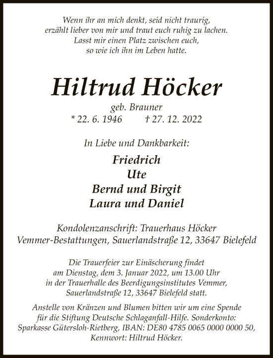 Traueranzeige von Hiltrud Höcker von Neue Westfälische