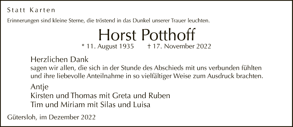  Traueranzeige für Horst Potthoff vom 24.12.2022 aus Neue Westfälische