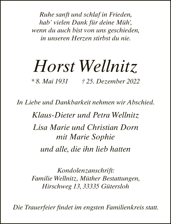 Traueranzeige von Horst Wellnitz von Neue Westfälische