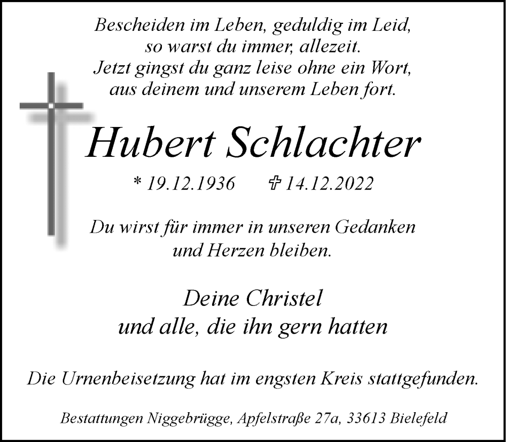  Traueranzeige für Hubert Schlachter vom 31.12.2022 aus Neue Westfälische