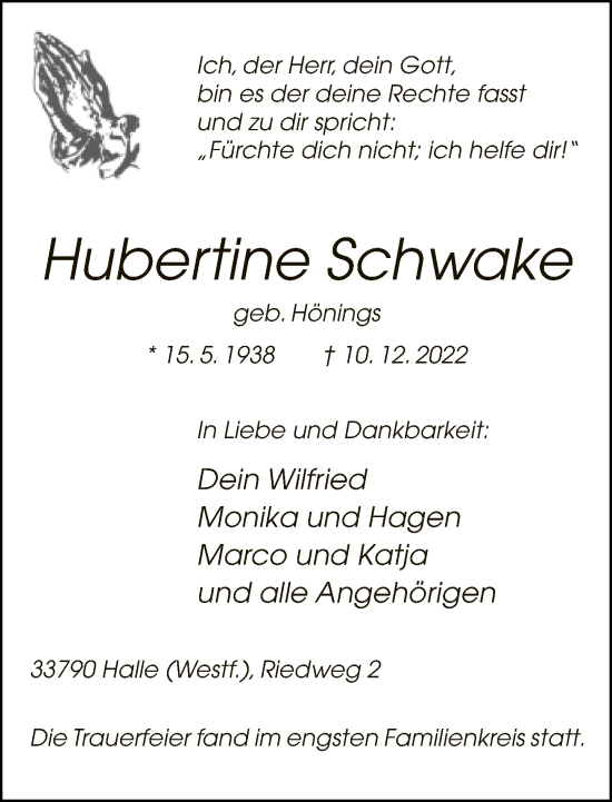 Traueranzeige von Hubertine Schwake von Neue Westfälische