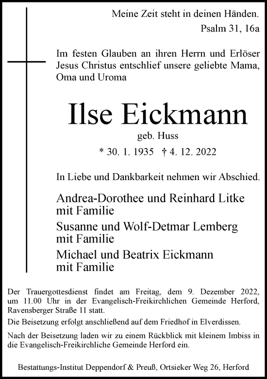 Traueranzeige von Ilse Eickmann von Neue Westfälische