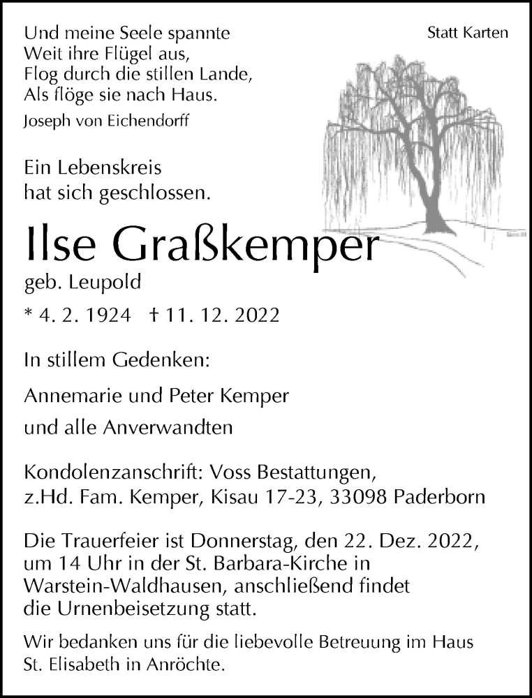  Traueranzeige für Ilse Graßkemp vom 17.12.2022 aus Neue Westfälische