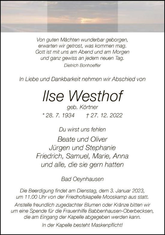 Traueranzeige von Ilse Westhof von Neue Westfälische