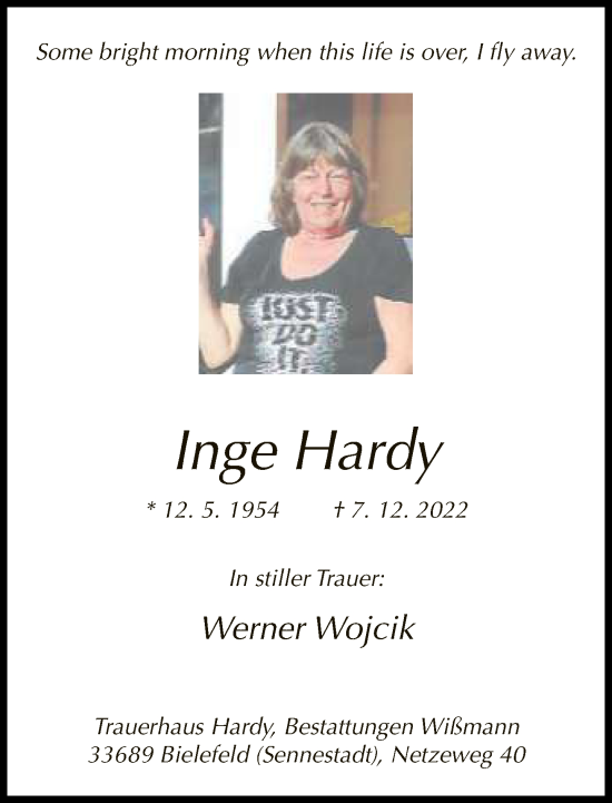 Traueranzeige von Inge Hardy von Neue Westfälische