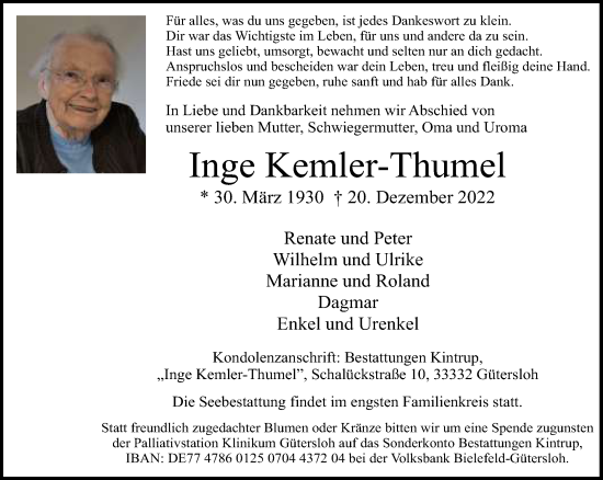 Traueranzeige von Inge Kemler-Thumel von Neue Westfälische