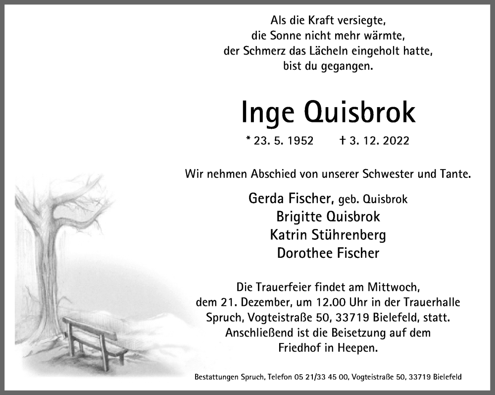  Traueranzeige für Inge Quisbrok vom 17.12.2022 aus Neue Westfälische