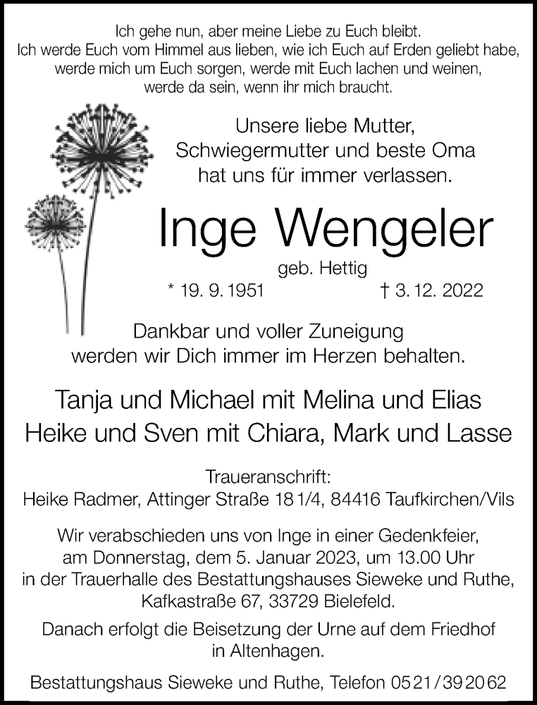  Traueranzeige für Inge Wengeler vom 31.12.2022 aus Neue Westfälische