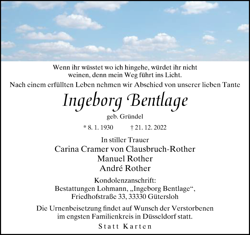  Traueranzeige für Ingeborg Bentlage vom 31.12.2022 aus Neue Westfälische