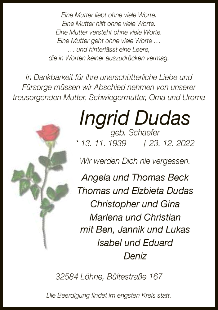  Traueranzeige für Ingrid Dudas vom 28.12.2022 aus Neue Westfälische