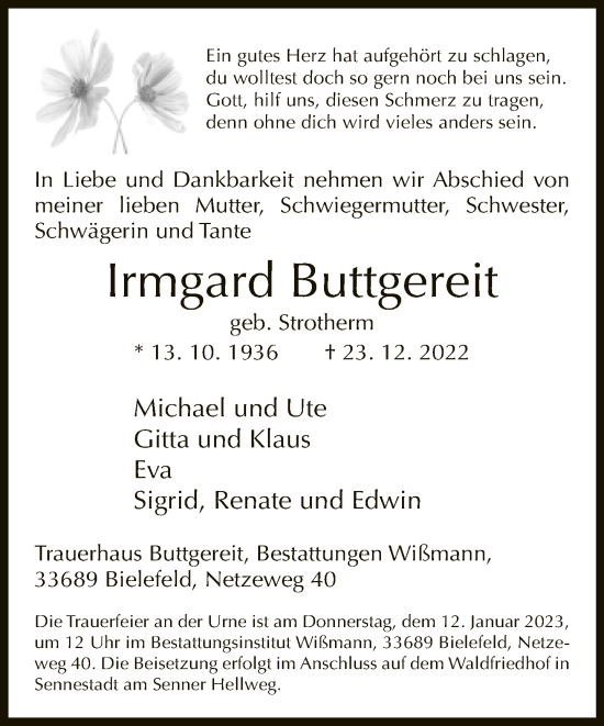 Traueranzeige von Irmgard Buttgereit von Neue Westfälische
