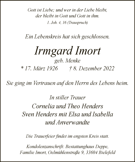 Traueranzeige von Irmgard Imort von Neue Westfälische