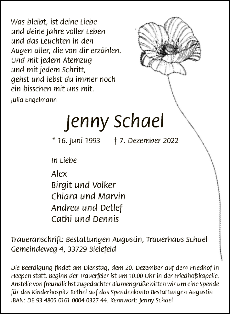  Traueranzeige für Jenny Schael vom 15.12.2022 aus Neue Westfälische