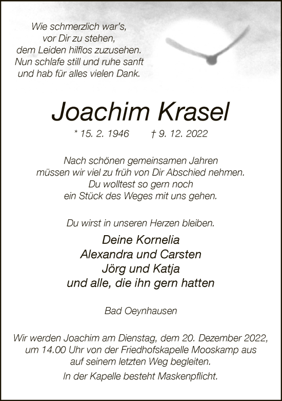 Traueranzeige von Joachim Krasel von Neue Westfälische