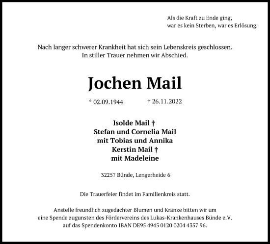 Traueranzeige von Jochen Mail von Neue Westfälische