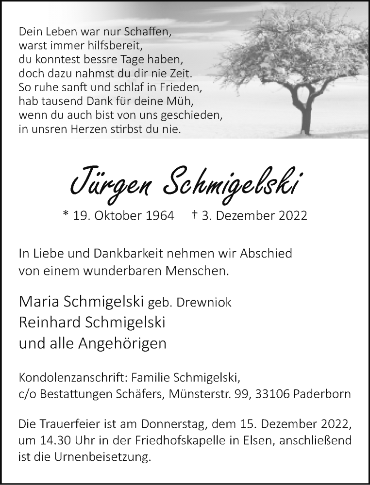  Traueranzeige für Jürgen Schmigelski vom 10.12.2022 aus Neue Westfälische