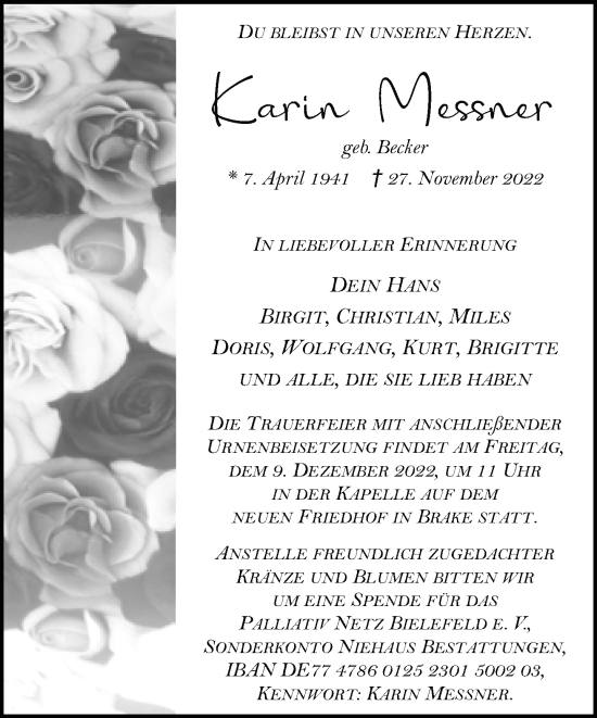 Traueranzeige von Karin Messner von Neue Westfälische