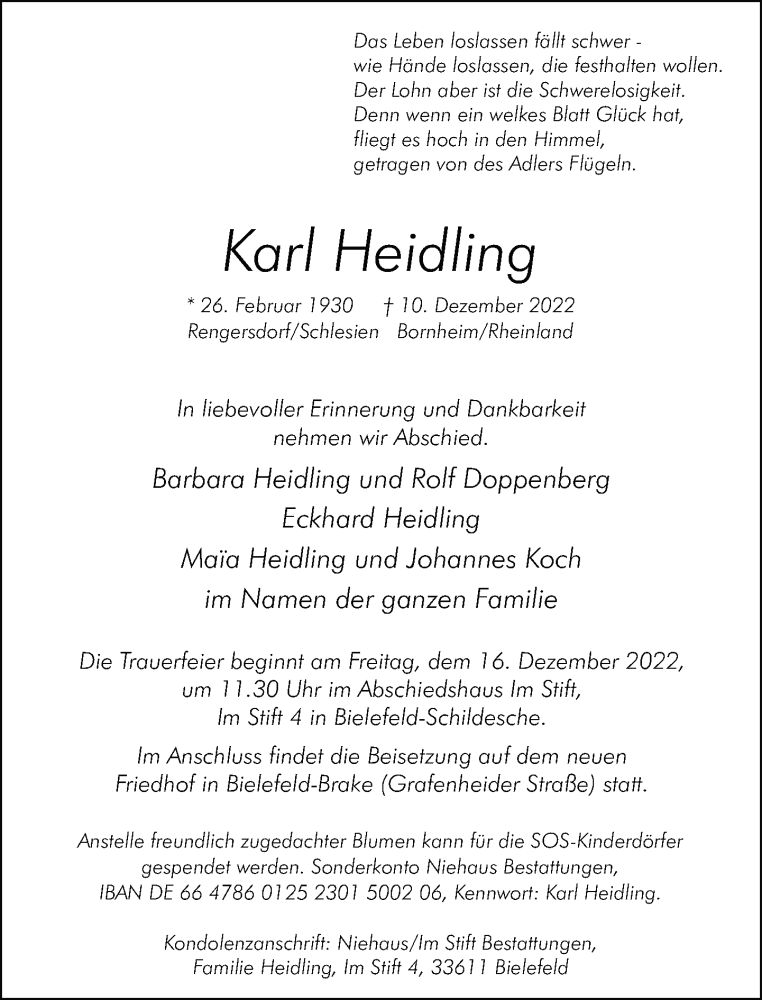  Traueranzeige für Karl Heidling vom 13.12.2022 aus Neue Westfälische