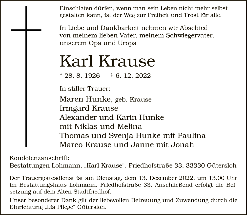  Traueranzeige für Karl Krause vom 10.12.2022 aus Neue Westfälische