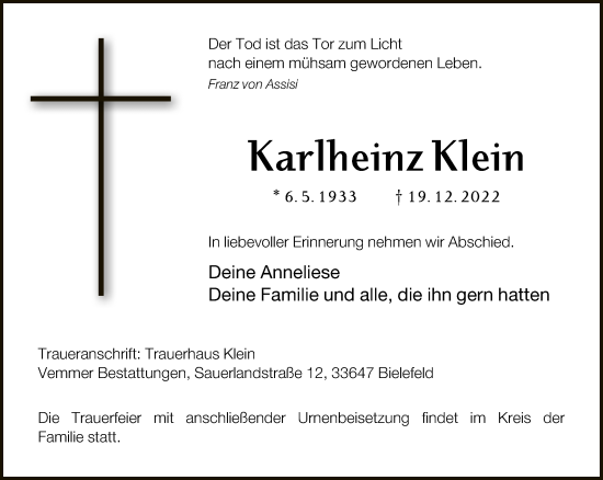 Traueranzeige von Karlheinz Klein von Neue Westfälische