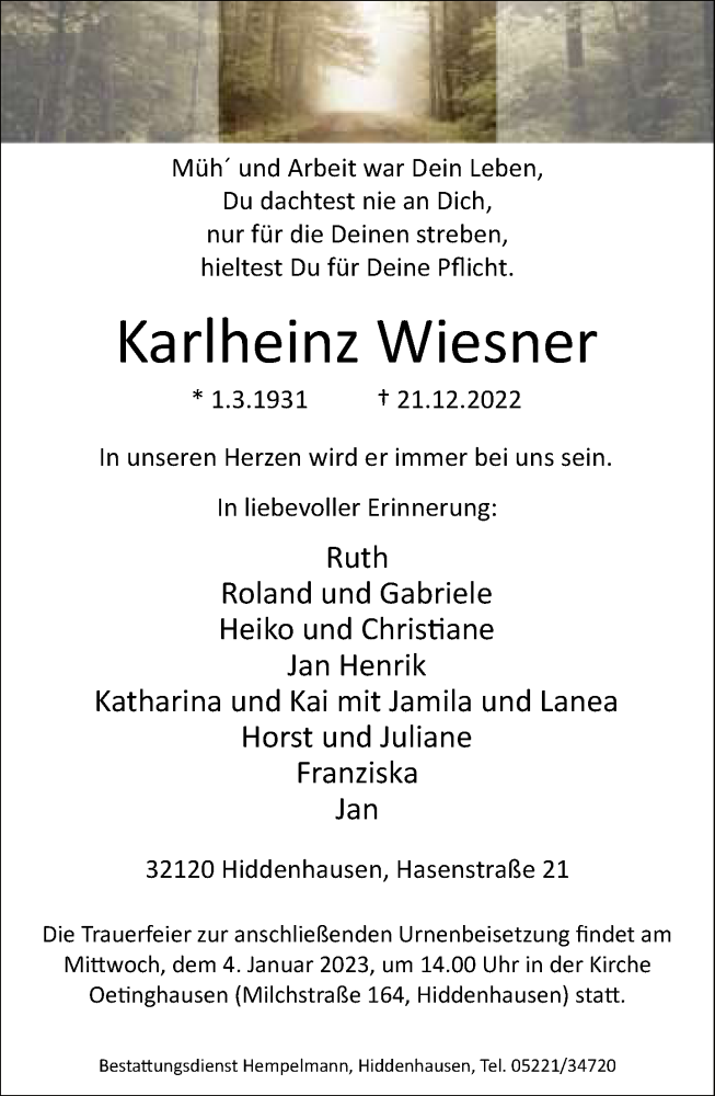  Traueranzeige für Karlheinz Wiesner vom 24.12.2022 aus Neue Westfälische