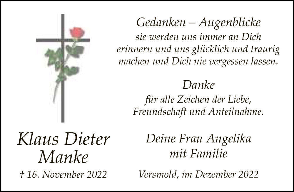  Traueranzeige für Klaus Dieter Manke vom 31.12.2022 aus Neue Westfälische
