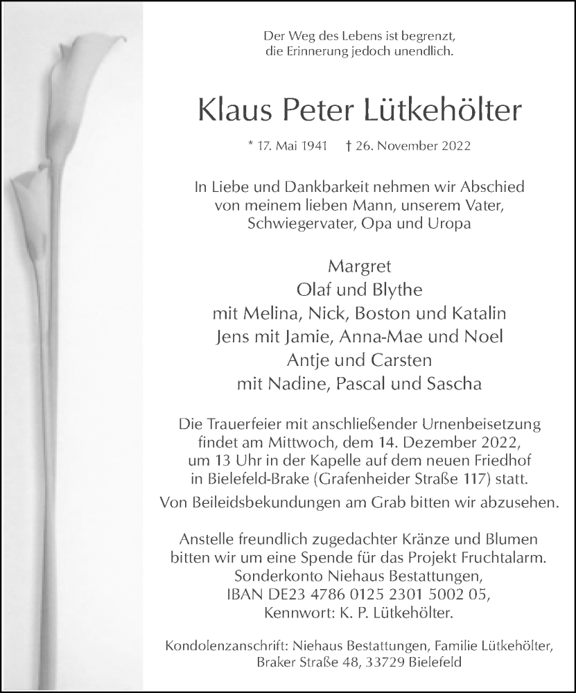  Traueranzeige für Klaus Peter Lütkehölter vom 03.12.2022 aus Neue Westfälische