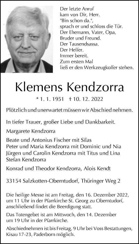  Traueranzeige für Klemens Kendzorra vom 13.12.2022 aus Neue Westfälische