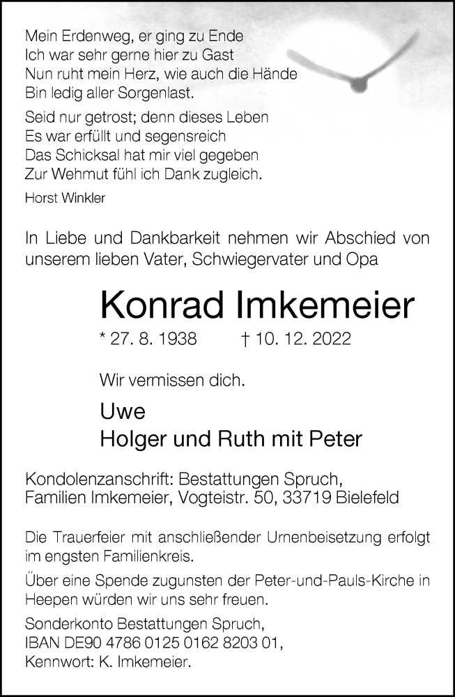  Traueranzeige für Konrad Imkemeier vom 17.12.2022 aus Neue Westfälische