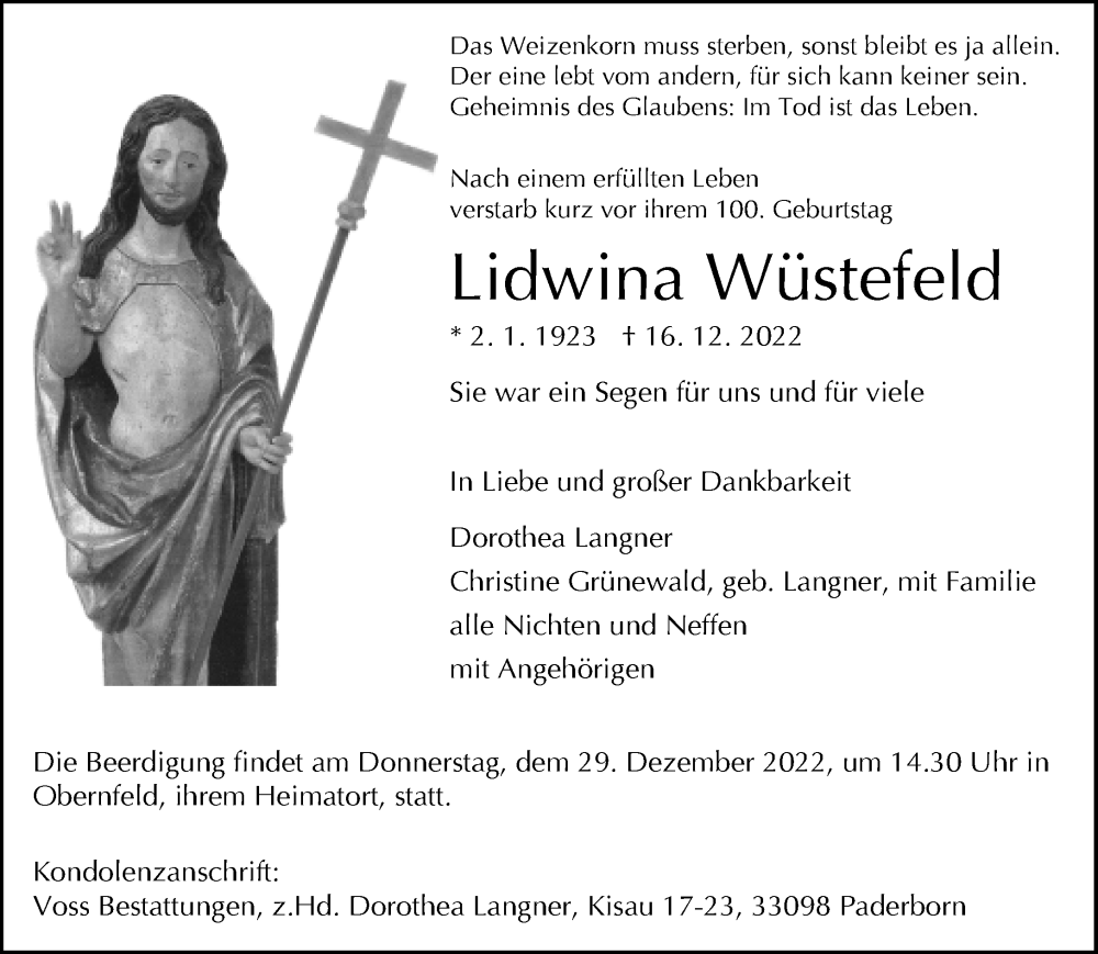  Traueranzeige für Lidwina Wüstefeld vom 21.12.2022 aus Neue Westfälische