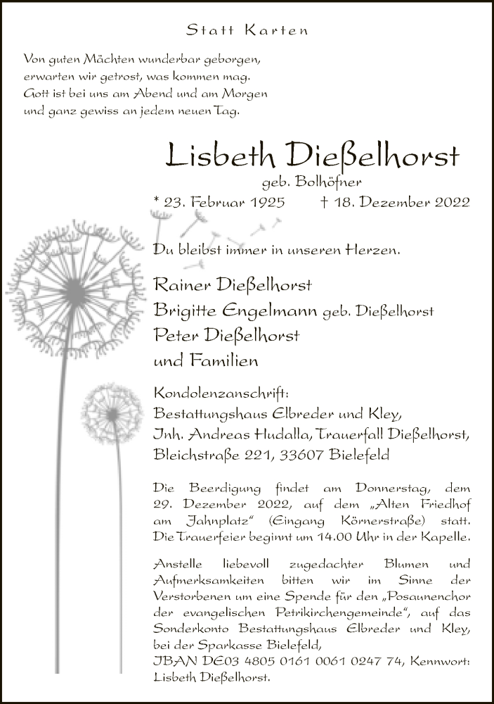 Traueranzeige für Lisbeth Dießelhorst vom 24.12.2022 aus Neue Westfälische