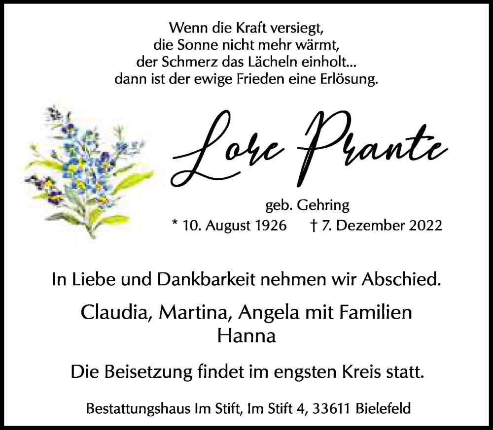 Traueranzeige für Lore Prante vom 17.12.2022 aus Neue Westfälische