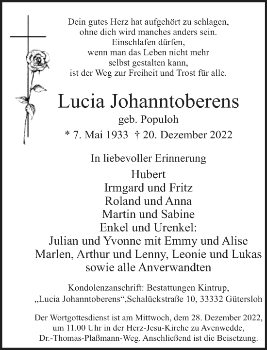 Traueranzeige von Lucia Johanntoberens von Neue Westfälische