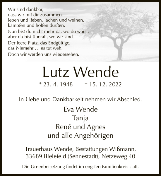 Traueranzeige von Lutz Wende von Neue Westfälische