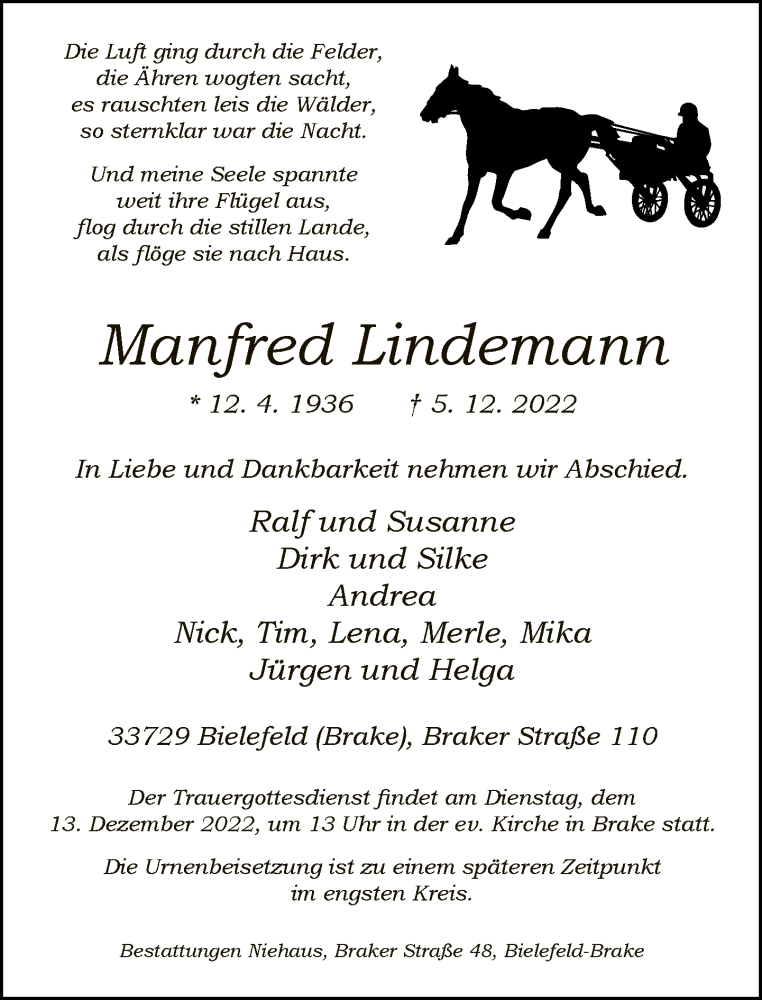  Traueranzeige für Manfred Lindemann vom 07.12.2022 aus Neue Westfälische