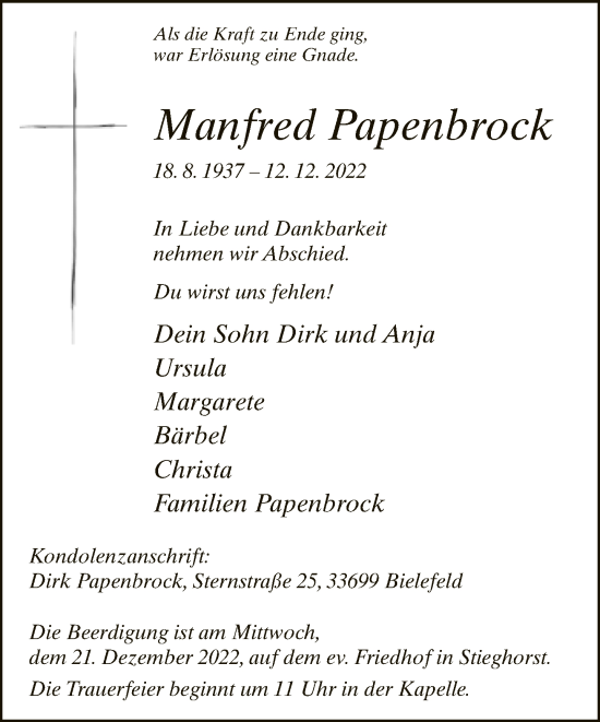 Traueranzeige von Manfred Papenbrock von Neue Westfälische